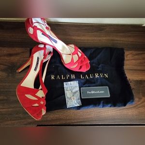$650 Ralph Lauren Purple Label Sz 8.5 Strappy Heels Sandals Suede Red + Caps Bag